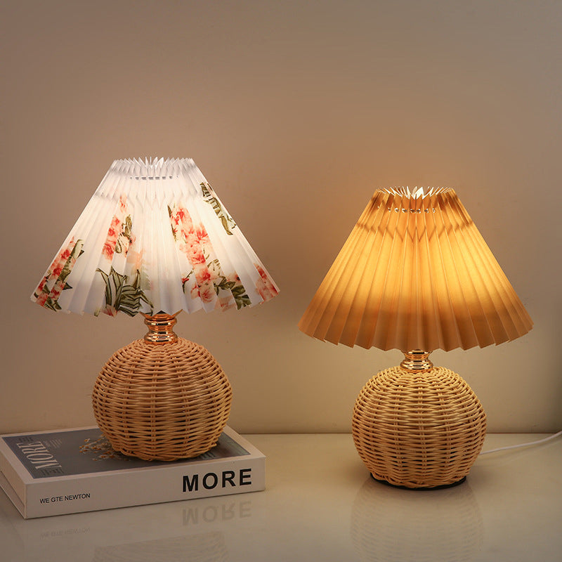 Contemporary Nordic Rattan Fabric Folded Cone Ball LED Table Lamp-5