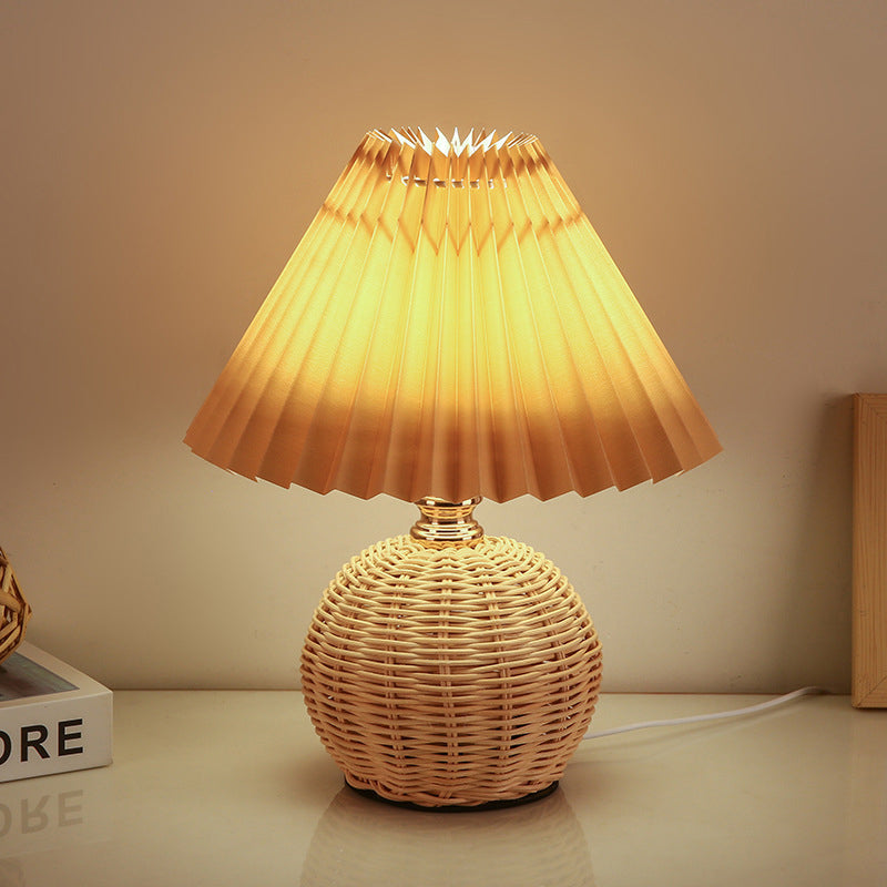 Contemporary Nordic Rattan Fabric Folded Cone Ball LED Table Lamp-3