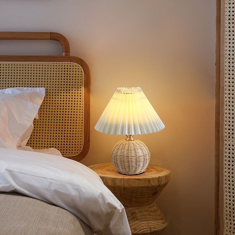 Contemporary Nordic Rattan Fabric Folded Cone Ball LED Table Lamp-4