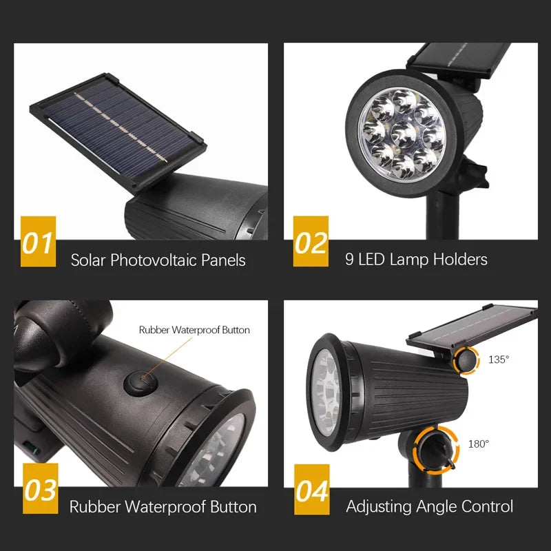 9 LEDs Solar Spotlights - Adjustable Brightness, IP65 Waterproof Solar Powered Security Lights for Garden and Patio 5