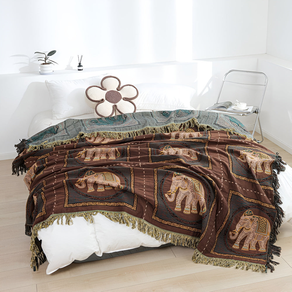 Bohemian Elephant Print Cotton Tassel Blanket – Lightweight and Breathable 0