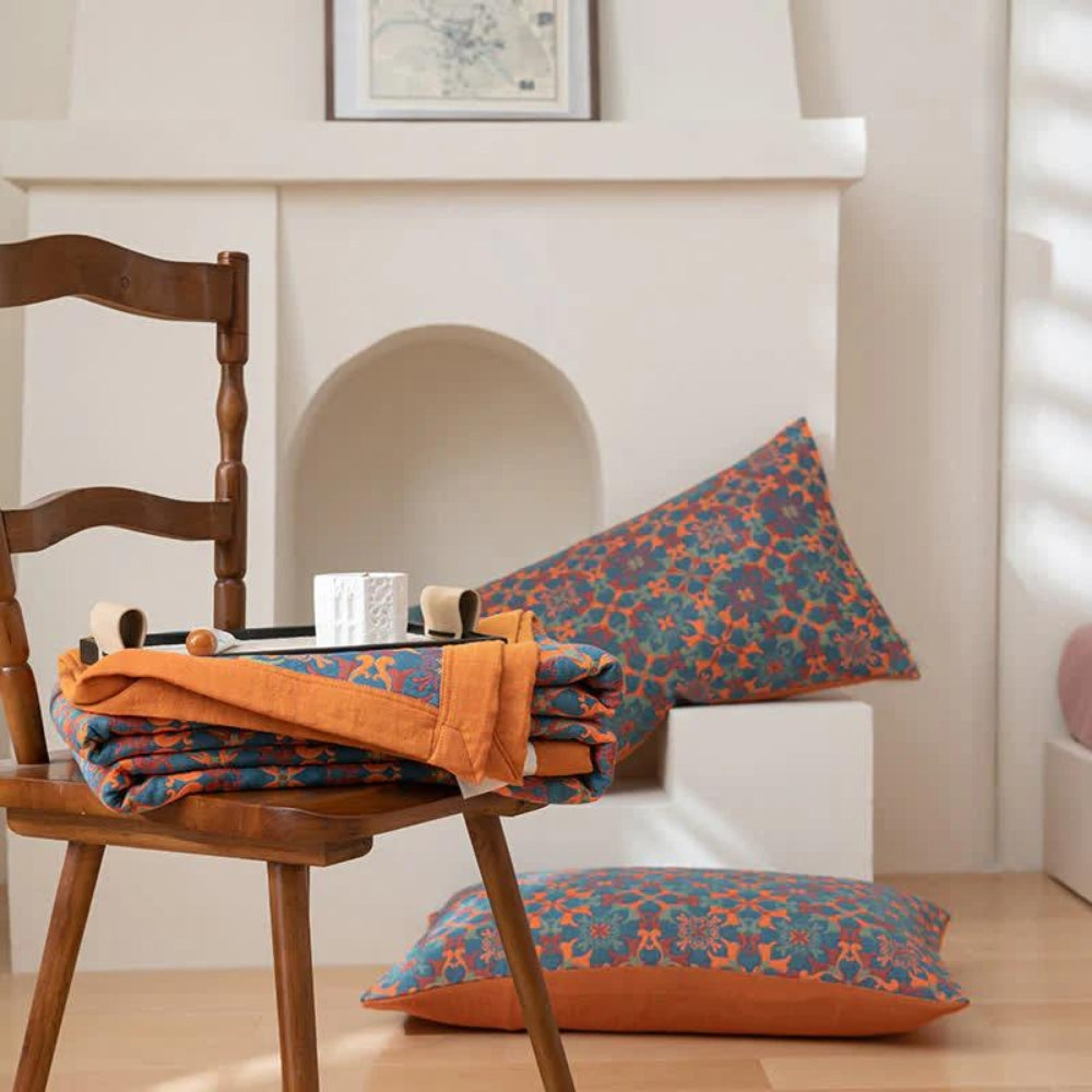 Citrus Sunrise Six-Layer Cotton Blanket – Eco-Friendly Organic Cotton Quilt, Hypoallergenic, Machine Washable, Vibrant Orange and Blue Design 1