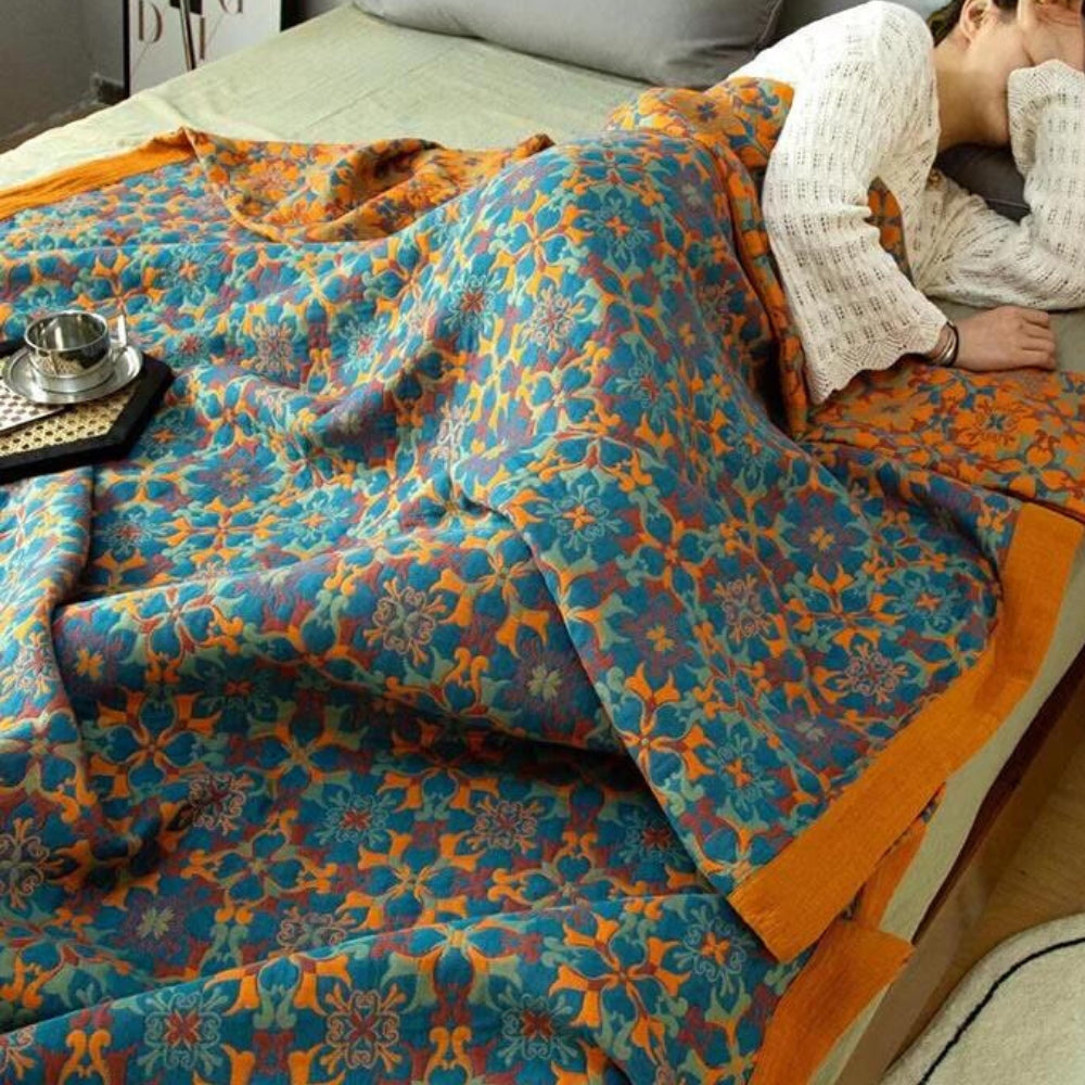 Citrus Sunrise Six-Layer Cotton Blanket – Eco-Friendly Organic Cotton Quilt, Hypoallergenic, Machine Washable, Vibrant Orange and Blue Design 4