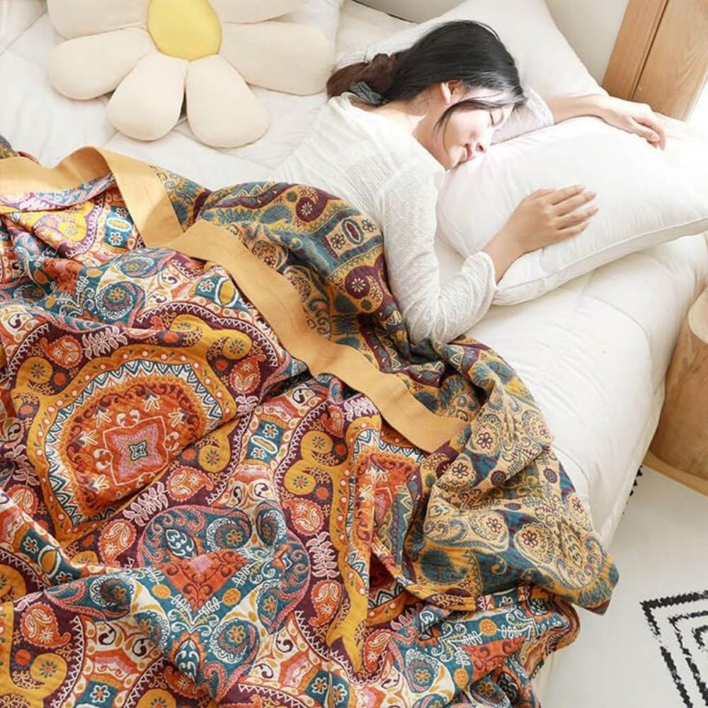 Cooling Blanket - Reversible 100% Cotton Quilt with Moisture-Wicking Fibers for Comfortable Sleep - Boho Design 3