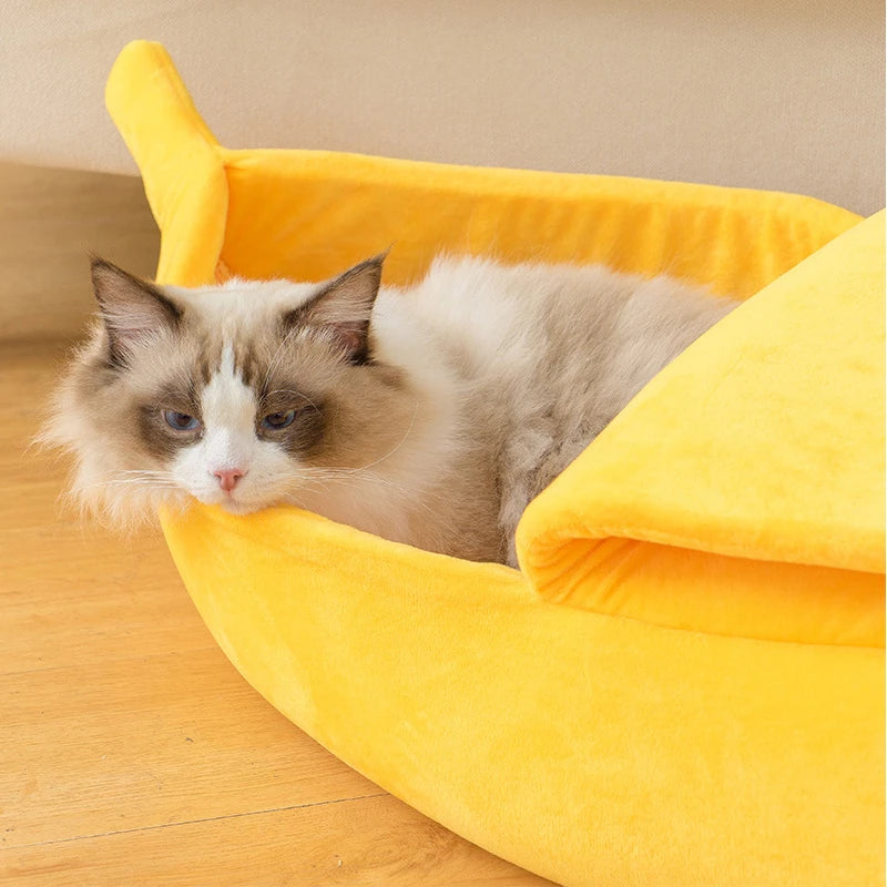 Banana Cat Bed House - Soft Plush Pet Bed for Cats and Small Dogs, Warm & Portable Design