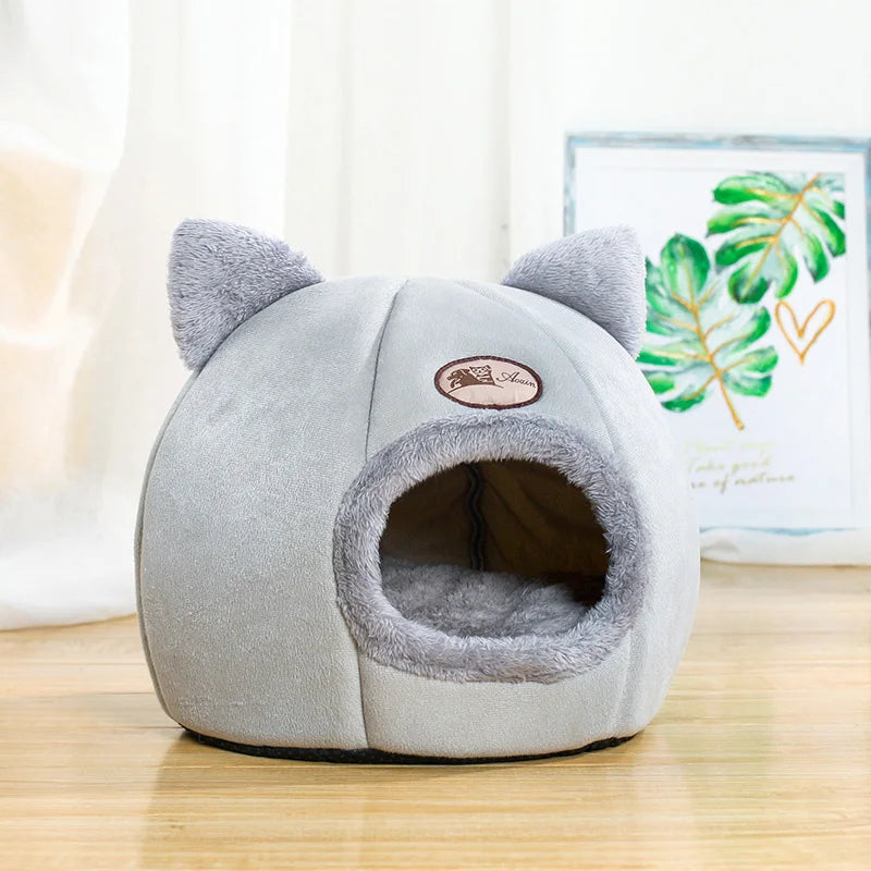 Grey Cozy Deep Sleep Cat Bed - Warm Indoor Nest with Detachable Cushion and Non-Slip Bottom for Ultimate Comfort