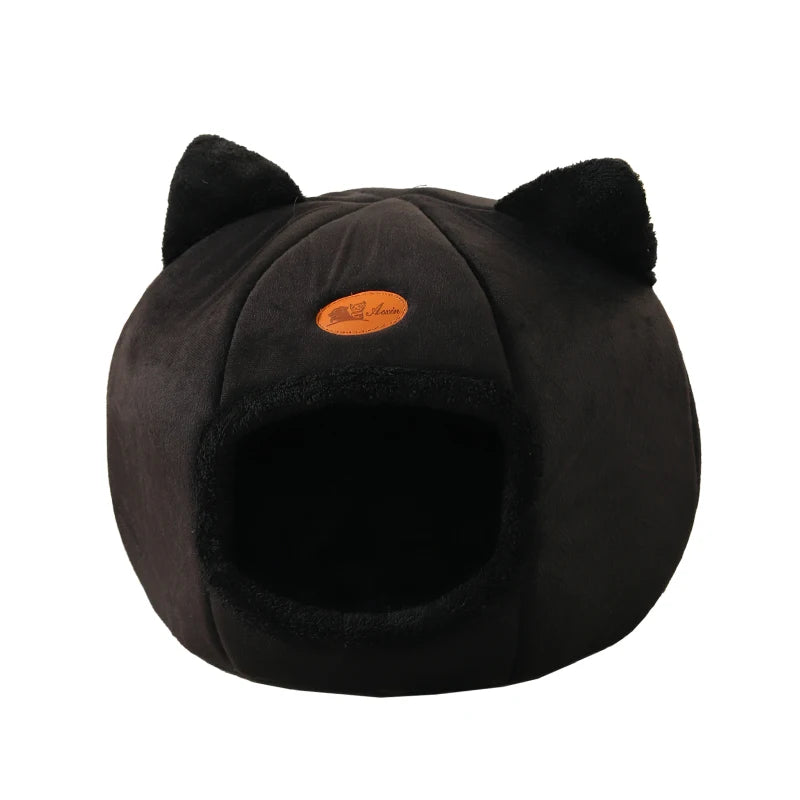 Black Cozy Deep Sleep Cat Bed - Warm Indoor Nest with Detachable Cushion and Non-Slip Bottom for Ultimate Comfort