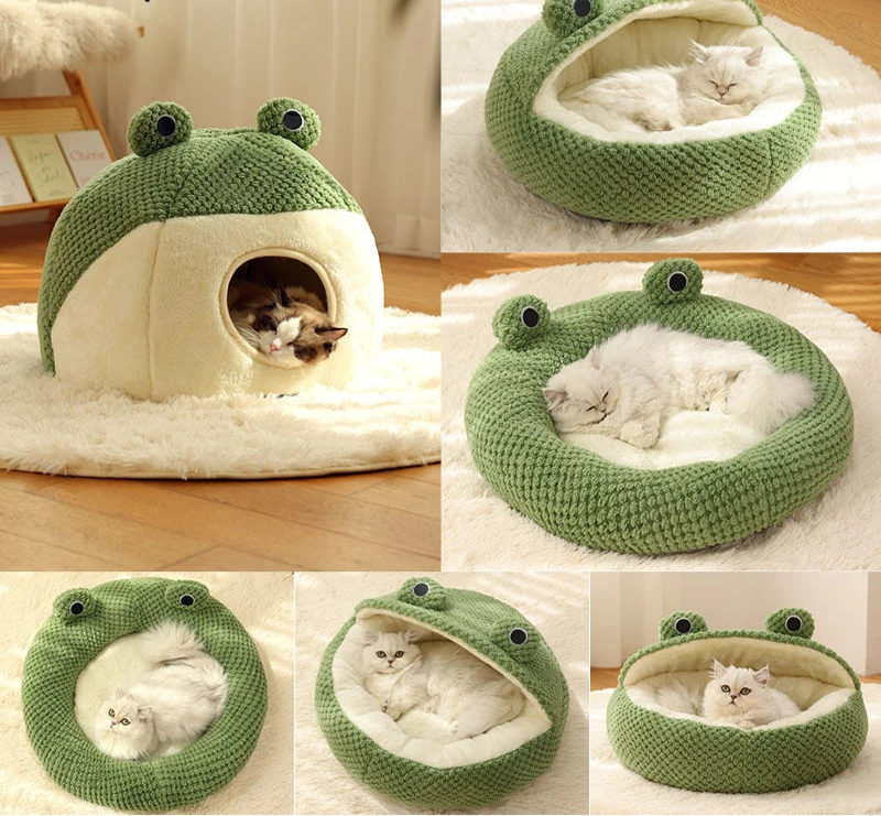 Open Cozy Frog-Shaped Plush Pet Bed for Dogs and Cats - Warm Semi-Enclosed Nest for Ultimate Comfort (Circular fossa)
