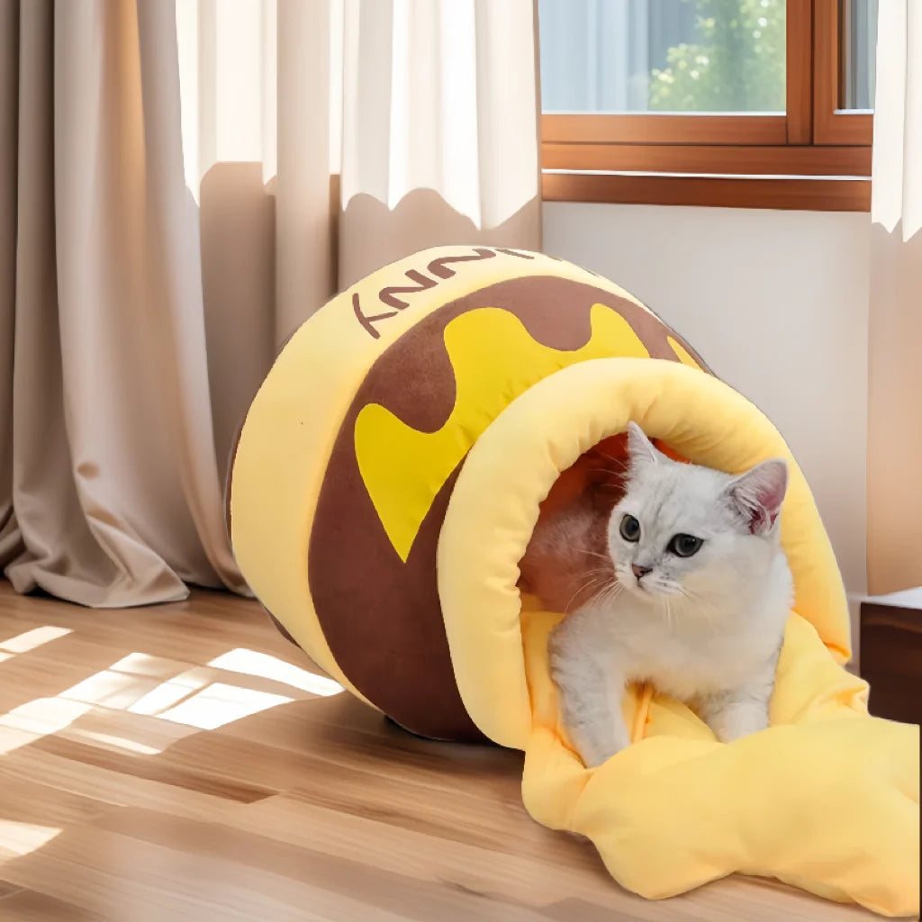 Cozy Thickened Honey Jar Cat Bed - Warm Semi-Enclosed Cat Cave with Detachable Mats for Ultimate Comfort