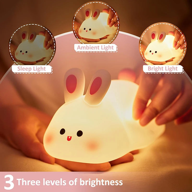 Cute Rabbit LED Night Light - USB Rechargeable Lamp for Kids & Adults, Soft Warm Glow for Nursery & Home Decor