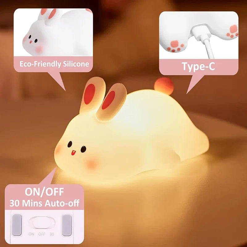Cute Rabbit LED Night Light - USB Rechargeable Lamp for Kids & Adults, Soft Warm Glow for Nursery & Home Decor