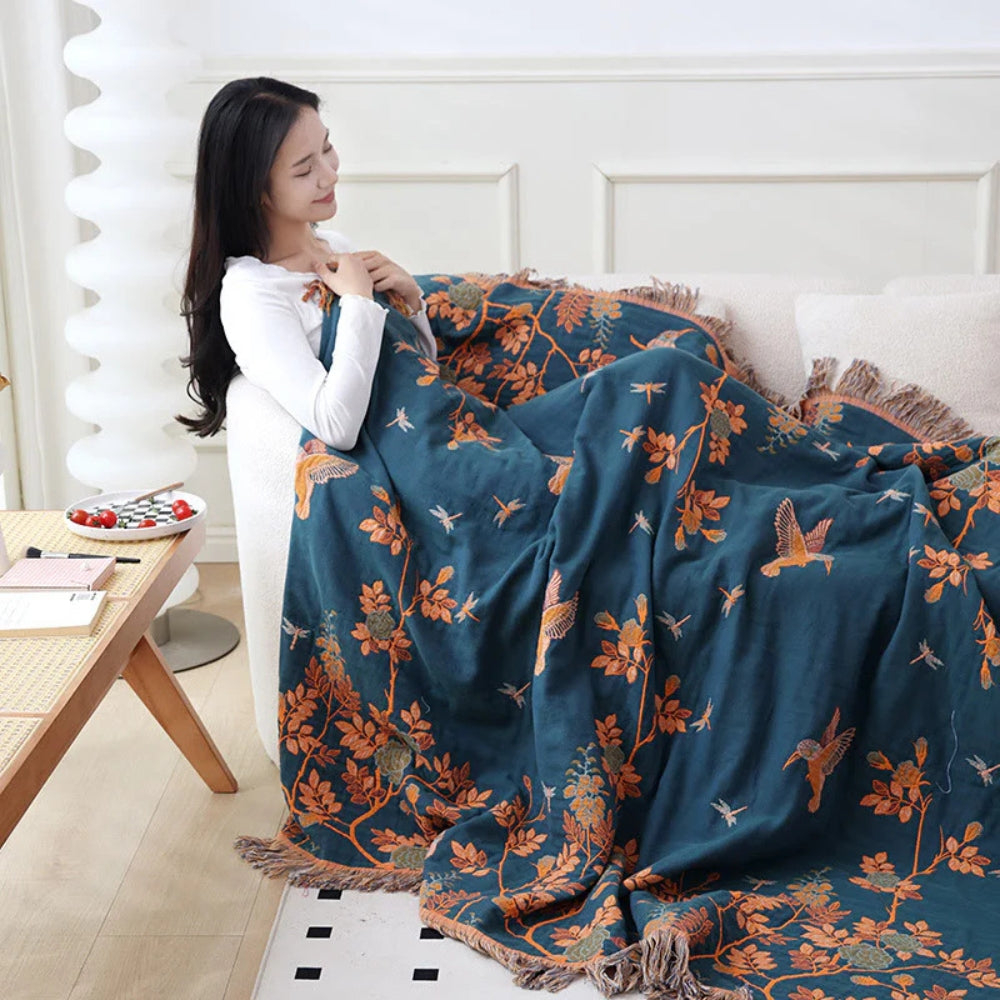 Elegant Cotton Blanket with Jacquard Design and Tasselled Edges - Multi-Layer Soft Throw for Beds and Sofas 7