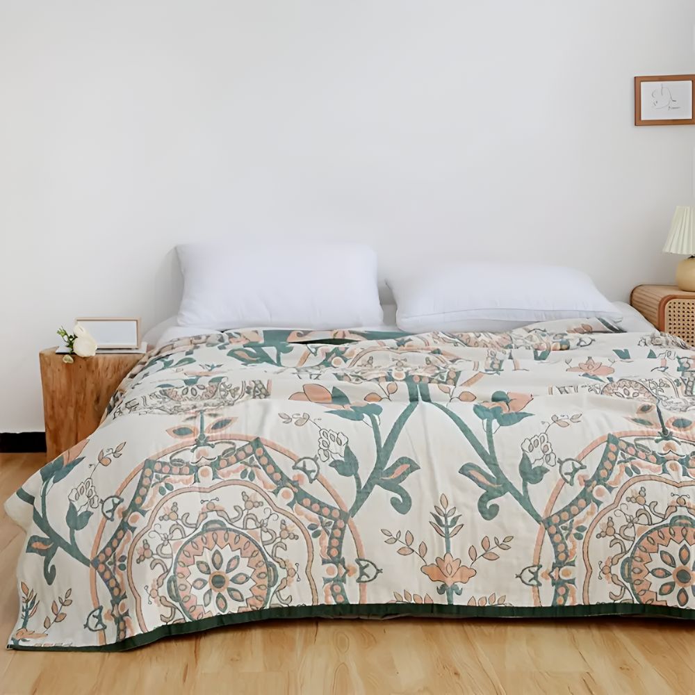 Floral Cotton Throw Blanket – Lightweight, Breathable, Reversible Design for All-Season Comfort 1