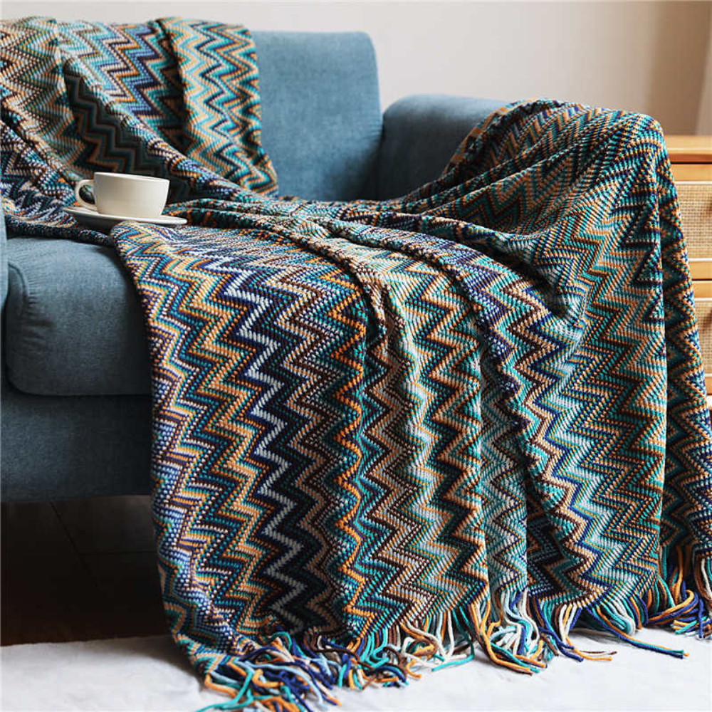Multicolor Zigzag Knit Throw Blanket with Tassels - Lightweight Acrylic for Couches and Beds, Cozy Boho Design 0
