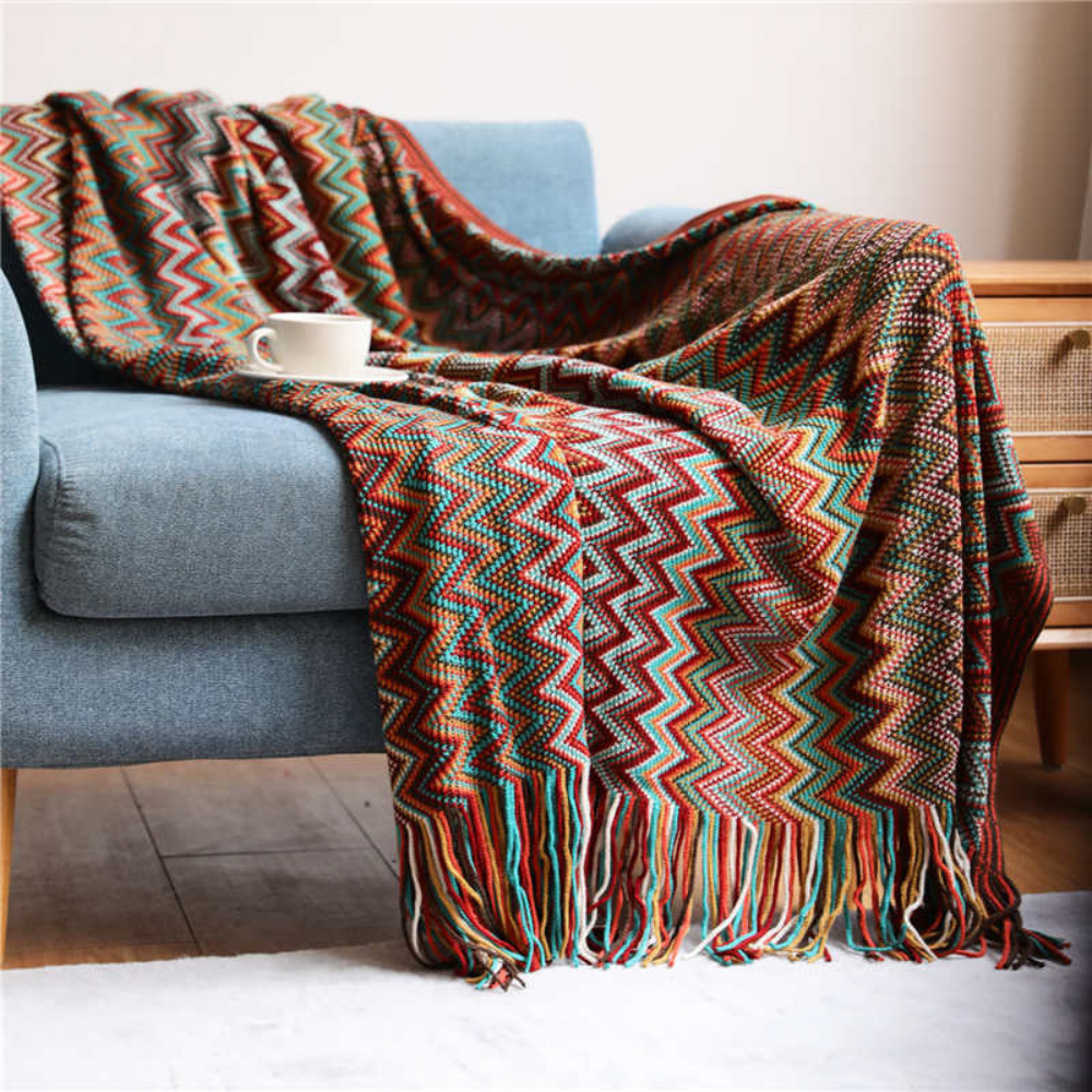 Multicolor Zigzag Knit Throw Blanket with Tassels - Lightweight Acrylic for Couches and Beds, Cozy Boho Design 1