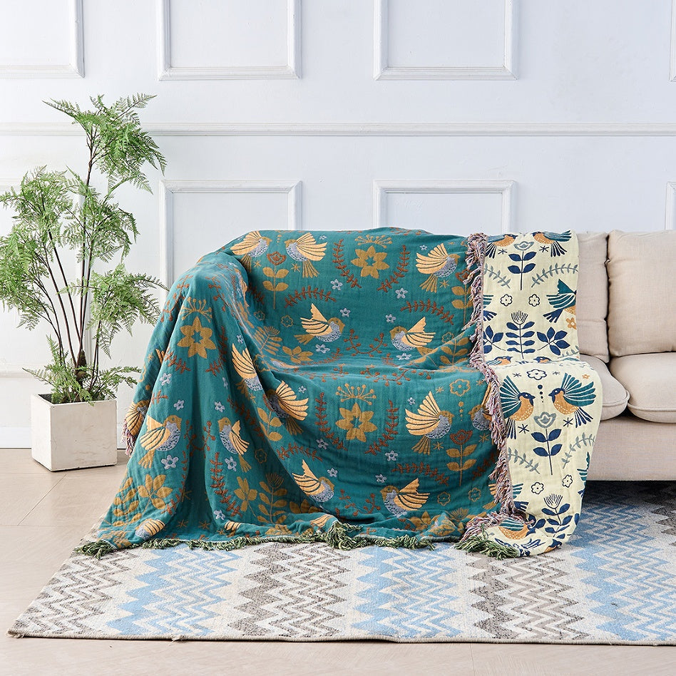 Reversible 100% Cotton Throw Blanket – Teal and Cream Scandinavian Bird Design with Decorative Fringed Edges 1