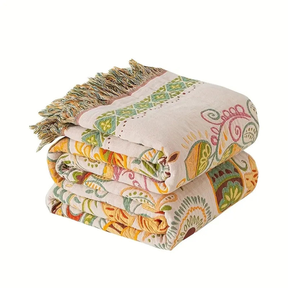 Reversible Boho Floral Blanket – Lightweight Cotton Gauze Throw with Tasseled Edges, Perfect for Couch or Bed 6