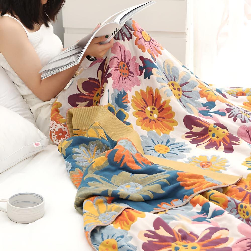 Reversible Bright Flower Cotton Throw Blanket – Eco-Friendly, Soft, Multi-Purpose Use for Sofa or Bed 3