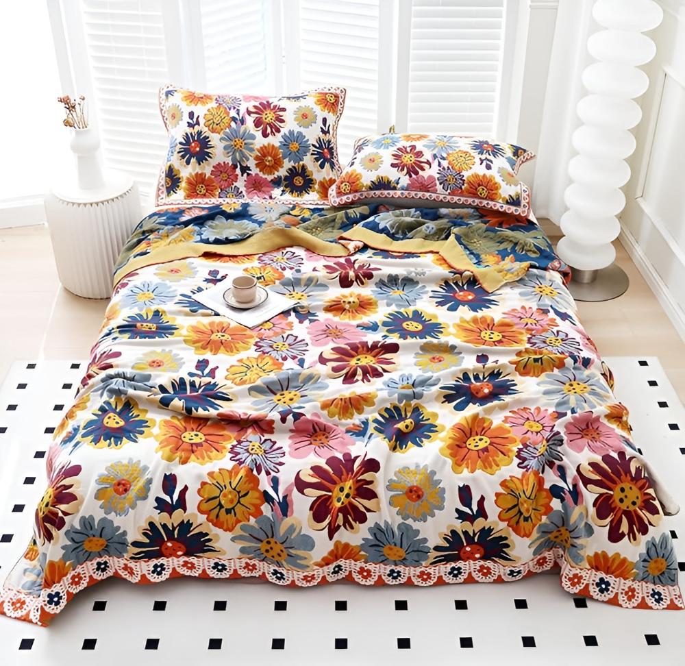 Reversible Bright Flower Cotton Throw Blanket – Eco-Friendly, Soft, Multi-Purpose Use for Sofa or Bed 6