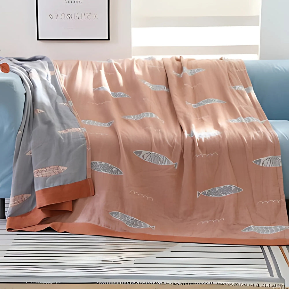 Reversible Cotton Gauze Throw Blanket with Golden Fish Design – Soft, Breathable, All-Season Comfort 1