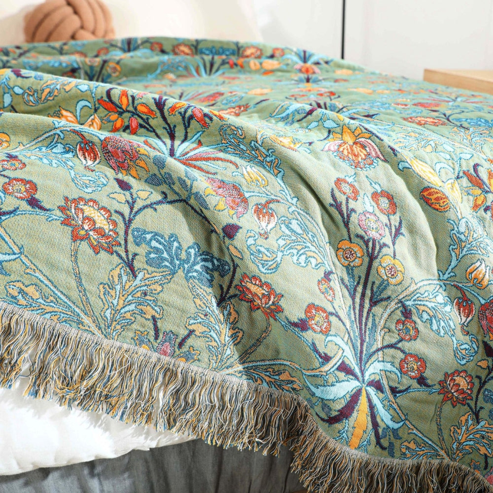 Reversible Floral Cotton Blanket Throw – Heavyweight Jacquard Design with Decorative Tassels, 200x230 cm 4