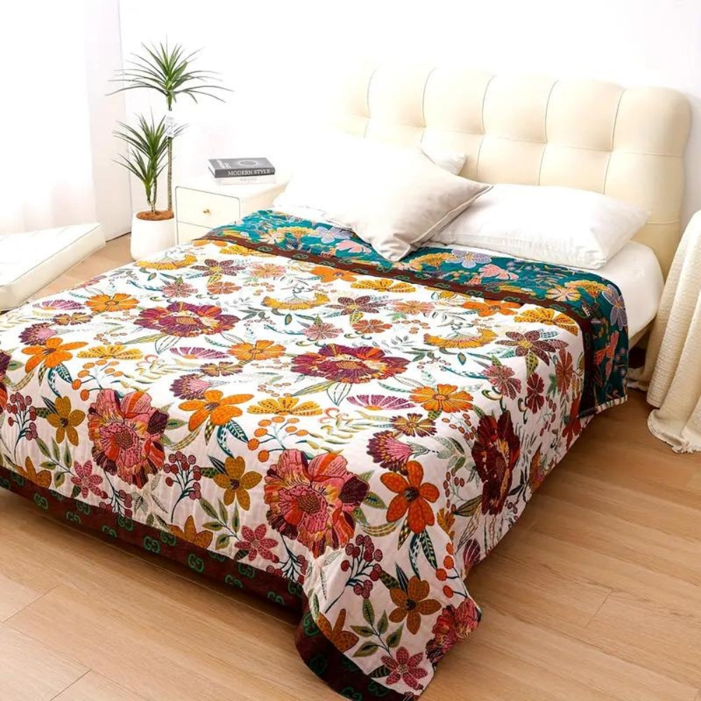 Reversible Floral Cotton Throw Blanket – Cozy Decorative Coverlet for Sofa and Bed, All-Season Comfort 0