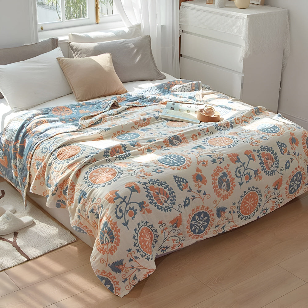 Rustic Floral Reversible Cotton Throw Blanket – Soft Eco-Friendly Bedding for Beds and Sofas 0