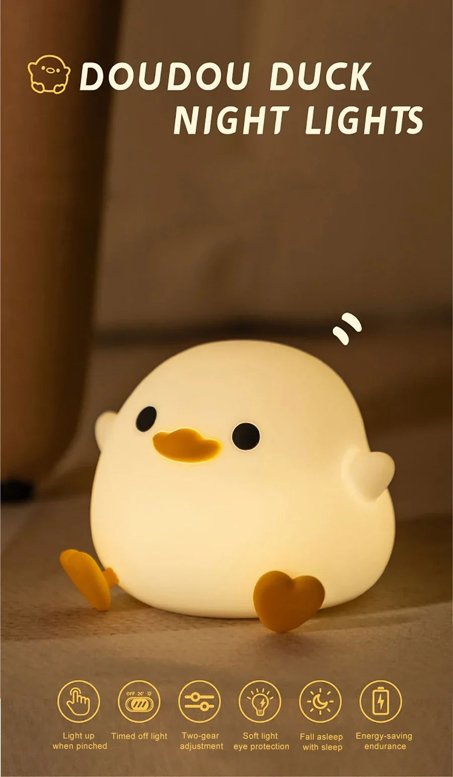 Doudou Duck LED Night Light - Rechargeable, Touch Sensor, Portable, Squishy Lamp