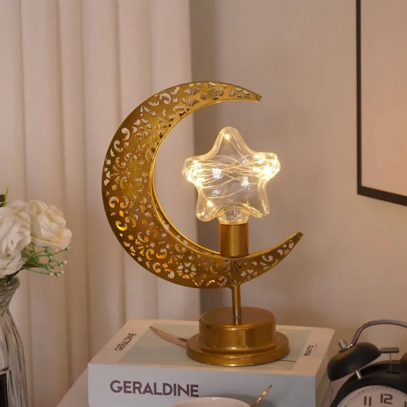 Variant image for Metal Ramadan Moon Lamp - Decorative LED Light for Eid Celebrations, 13x14x28cm, Gold Indoor Decoration-4