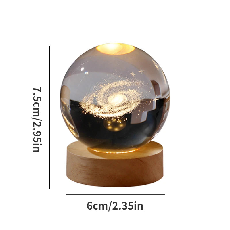 Milky Way: 3D Laser-Engraved Crystal Globe Night Light with Beechwood Base