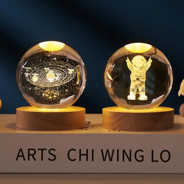 Solar System: 3D Laser-Engraved Crystal Globe Night Light with Beechwood Base
