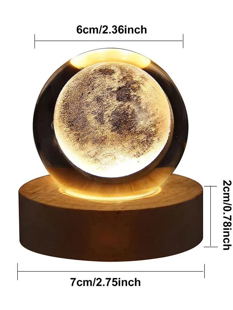 Moon: 3D Laser-Engraved Crystal Globe Night Light with Beechwood Base