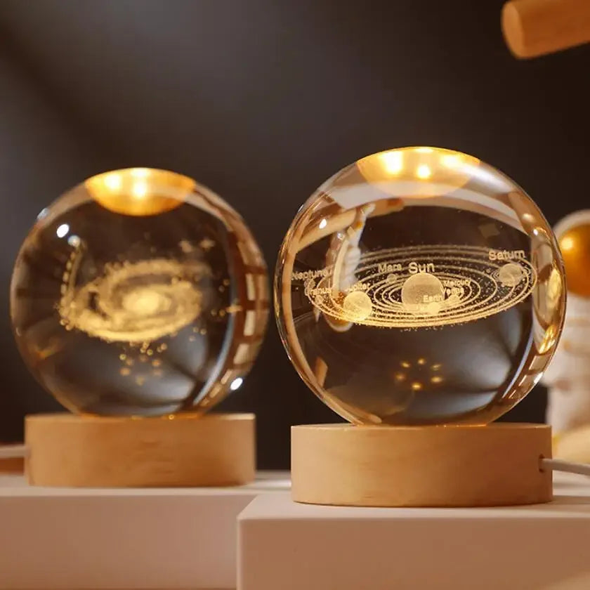 Solar System: 3D Laser-Engraved Crystal Globe Night Light with Beechwood Base