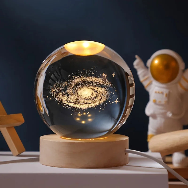 Milky Way: 3D Laser-Engraved Crystal Globe Night Light with Beechwood Base