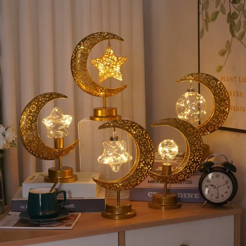 Metal Ramadan Moon Lamp - Decorative LED Light for Eid Celebrations, 13x14x28cm, Gold Indoor Decoration-2