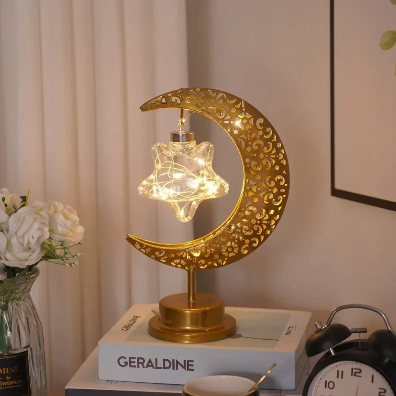 Variant image for Metal Ramadan Moon Lamp - Decorative LED Light for Eid Celebrations, 13x14x28cm, Gold Indoor Decoration-1