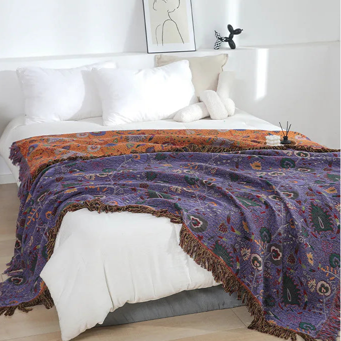Purple Cooling Cotton Blanket – Large Boho Throw for Summer Home Decoration, Soft and Breathable, Ideal for Beds and Sofas