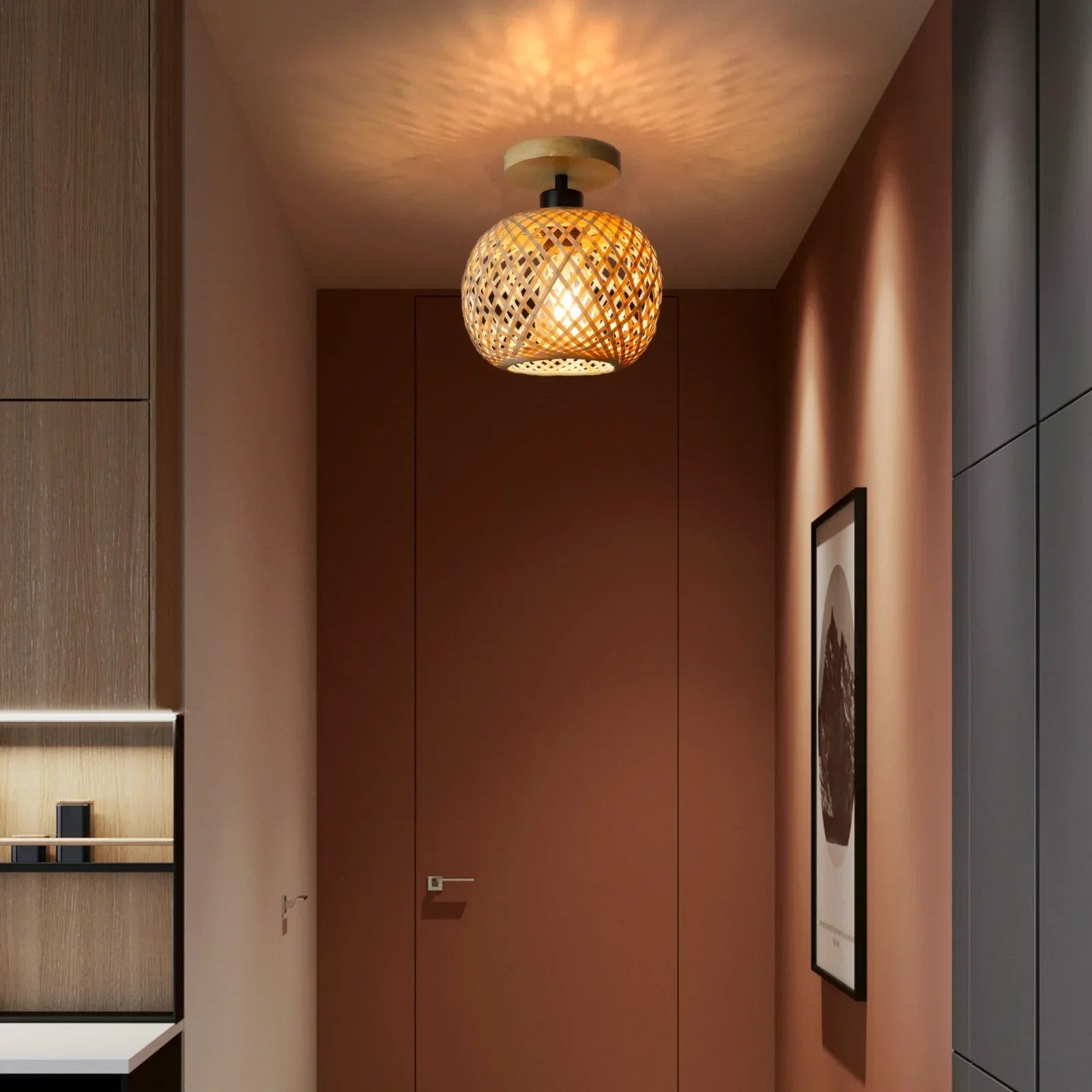Handmade Bamboo Woven LED Ceiling Lamp – Retro Design for Living Room and Corridor, Energy-Efficient Lighting
