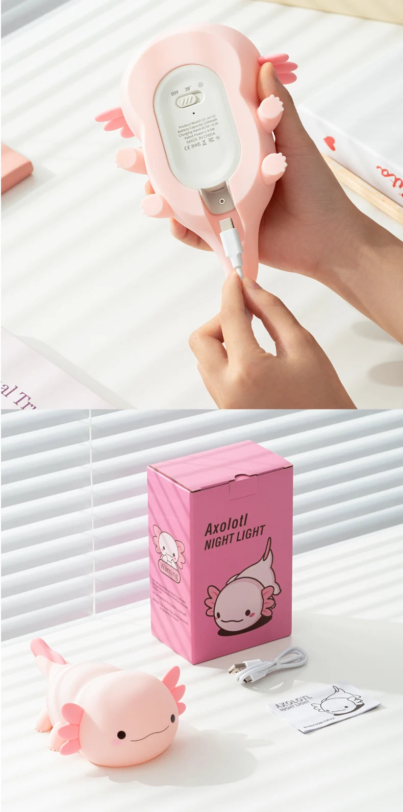 Axolotl LED Night Light - Soft Pink Glow, Touch Control, Perfect for Bedtime and Relaxation