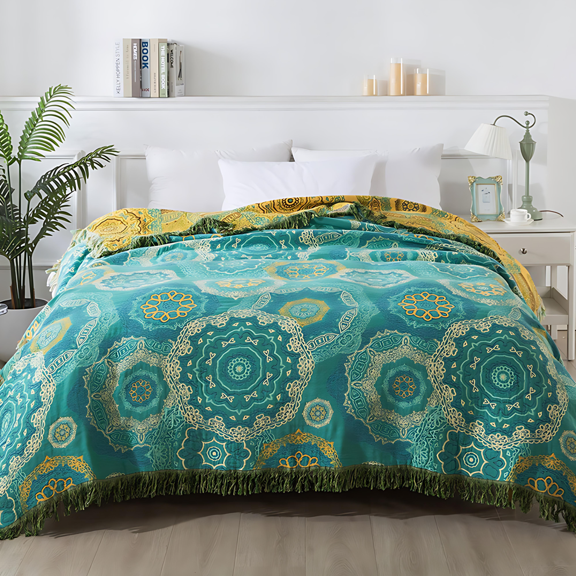 Teal Mandala Cotton Blanket – Lightweight Four-Season Cozy Throw 0