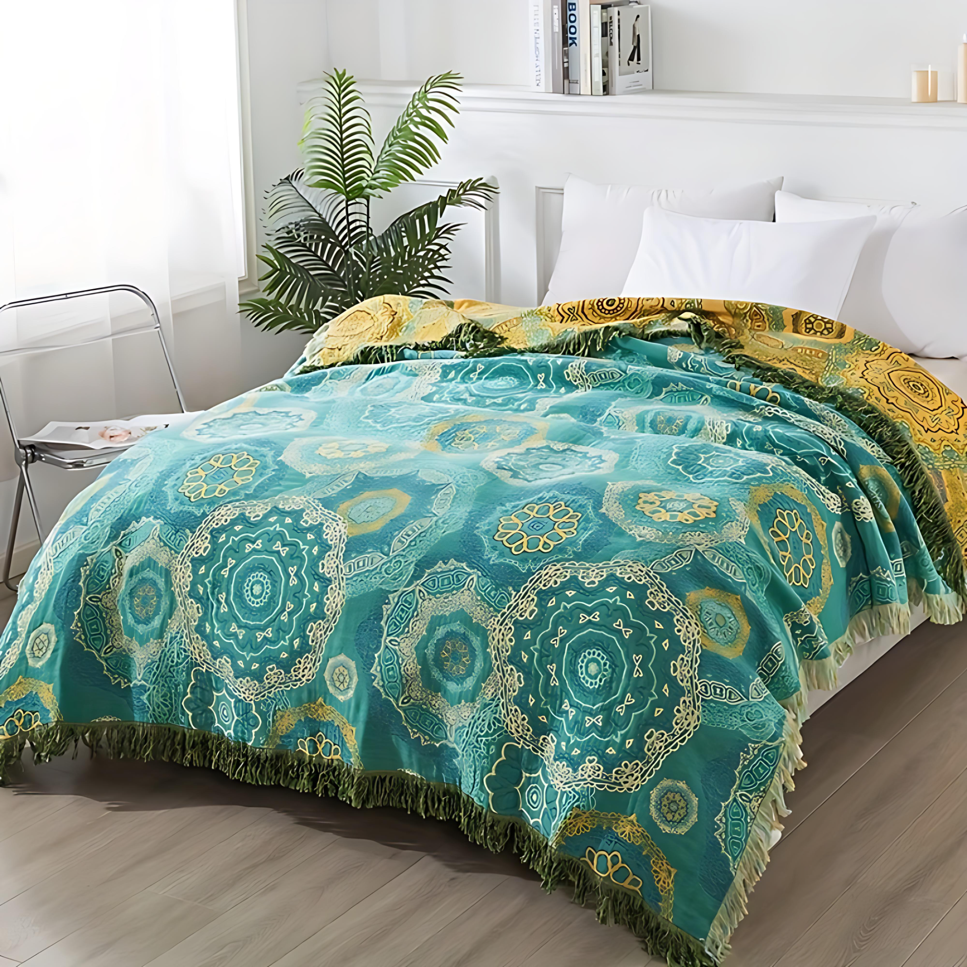 Teal Mandala Cotton Blanket – Lightweight Four-Season Cozy Throw 1