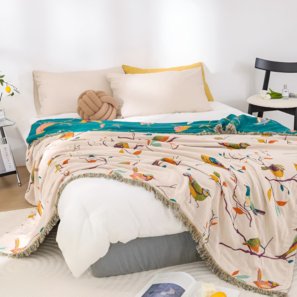 Whimsical Bird Cotton Throw Blanket with Tassels – Lightweight Boho Home Decor, Vibrant Multi-Color Design 4