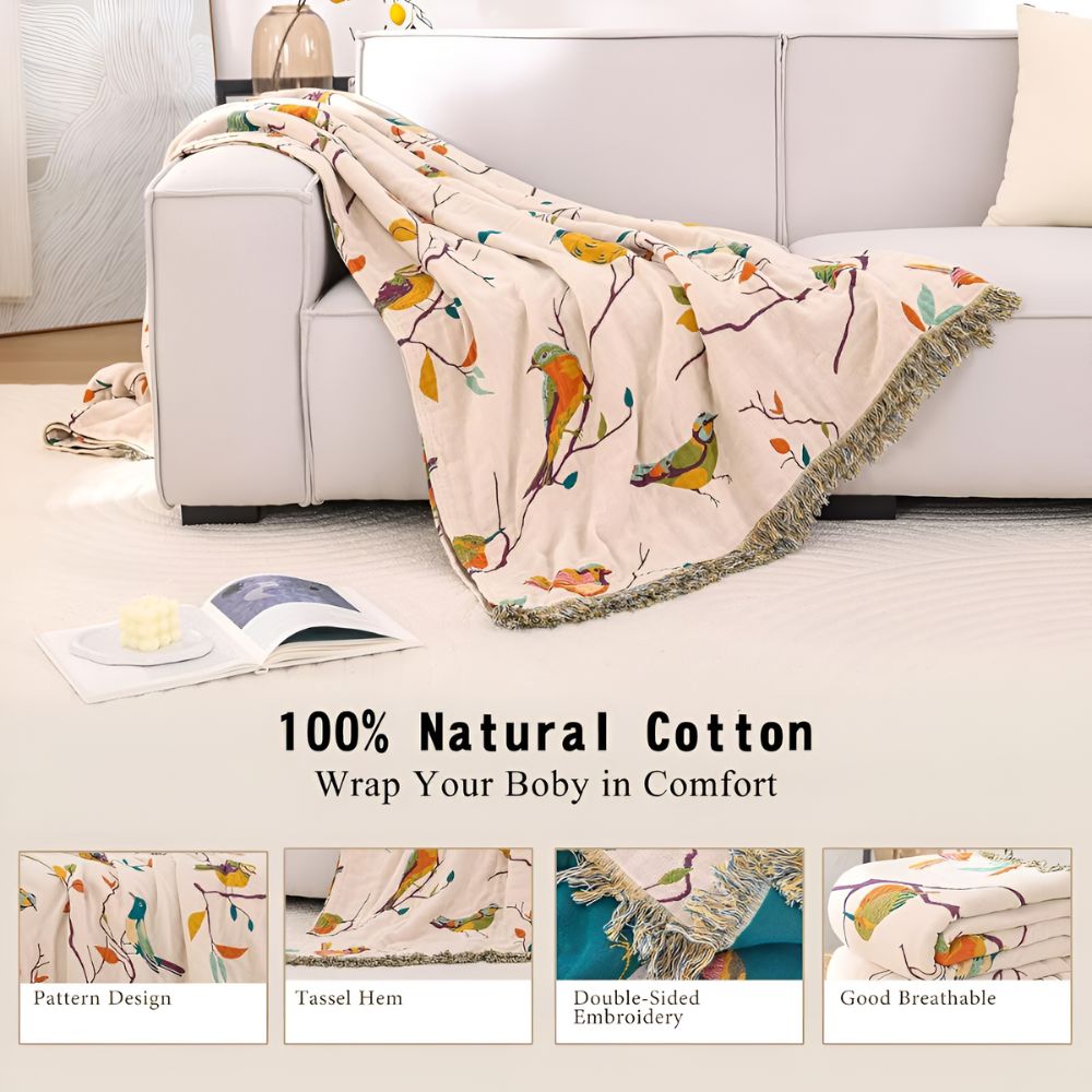 Whimsical Bird Cotton Throw Blanket with Tassels – Lightweight Boho Home Decor, Vibrant Multi-Color Design 6