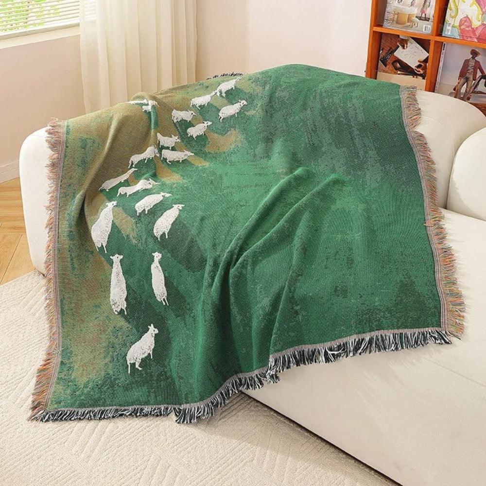 Woven Throw Blanket with Sheep Pattern – Soft Microfiber-Cotton Blend, Tassel Trim, Cozy Decor for Sofa and Bed 0