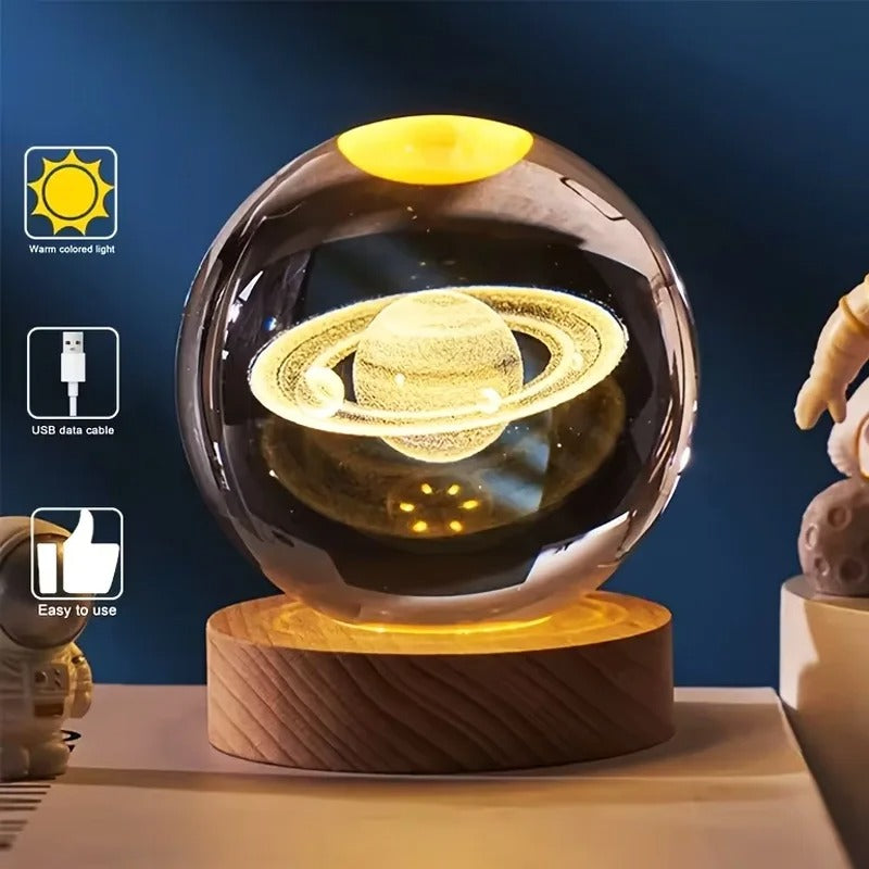 Saturn: 3D Laser-Engraved Crystal Globe Night Light with Beechwood Base