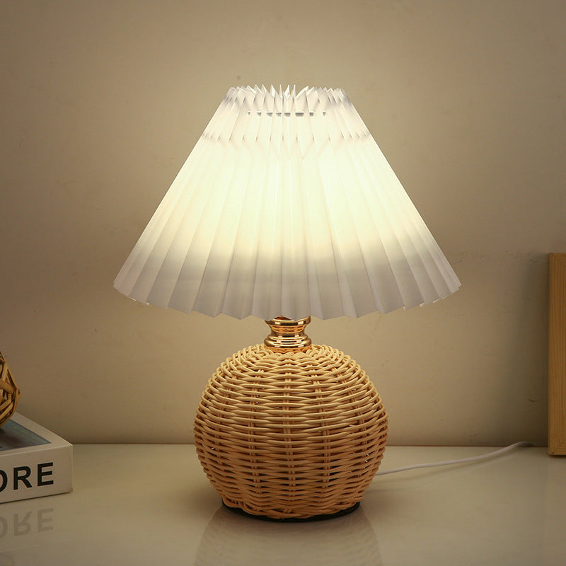 Contemporary Nordic Rattan Fabric Folded Cone Ball LED Table Lamp-1