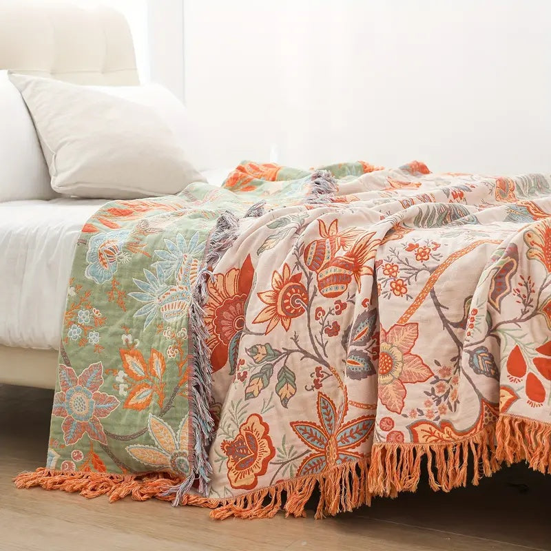 100% Cotton Boho Floral Throw Blanket – Soft Cream with Orange and Blue Flowers, Multi-Purpose & Machine Washable 0