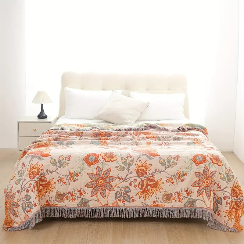 100% Cotton Boho Floral Throw Blanket – Soft Cream with Orange and Blue Flowers, Multi-Purpose & Machine Washable 4