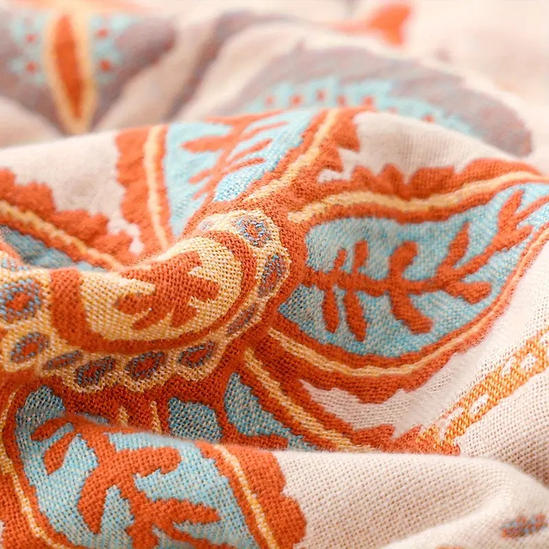 100% Cotton Boho Floral Throw Blanket – Soft Cream with Orange and Blue Flowers, Multi-Purpose & Machine Washable 7