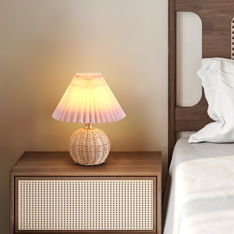 Contemporary Nordic Rattan Fabric Folded Cone Ball LED Table Lamp-2